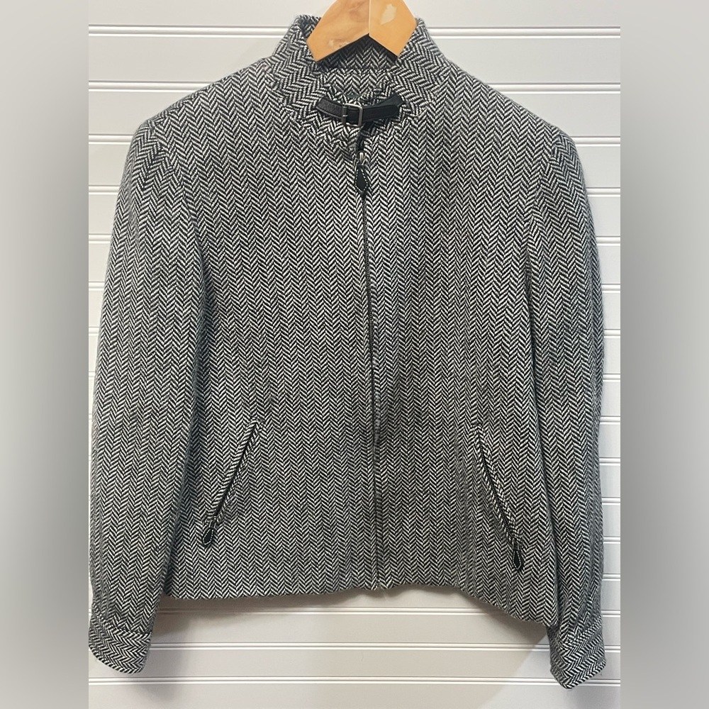 Lauren Ralph Lauren Black & White Herringbone Jacket Wool Alpaca Leather Size 4